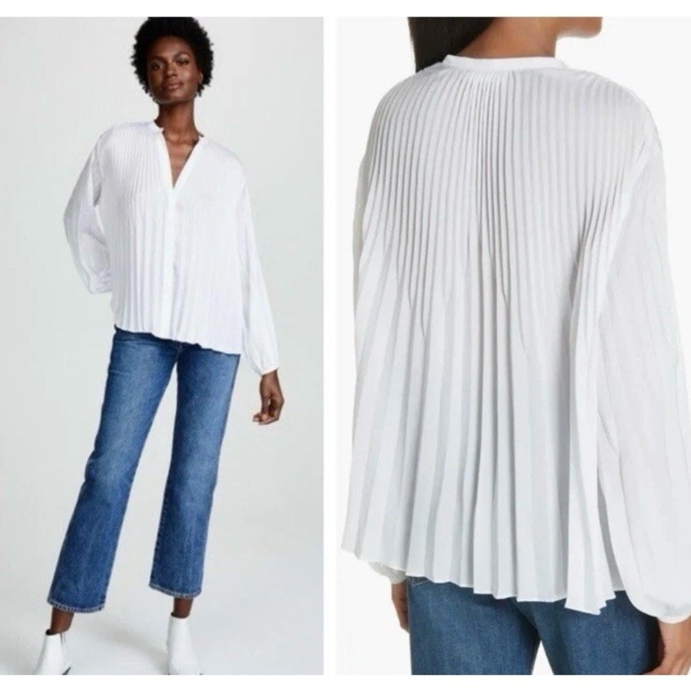 Vince Chevron Pleated Satin Blouson Sleeve Blouse White Top Women's Medium